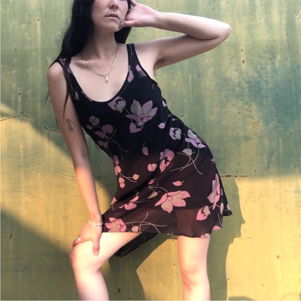 Vintage Boho Chic Y2K Betsey Johnson Black Sheer Floral WhimsiGoth Tank Dress! - Picture 2 of 6